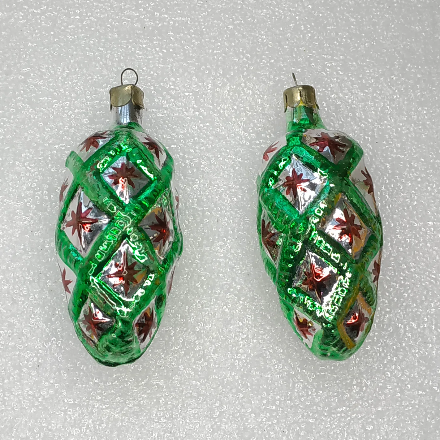 Set of 2 Antique Vintage USSR Silver Glass Christmas Ornaments Cones
