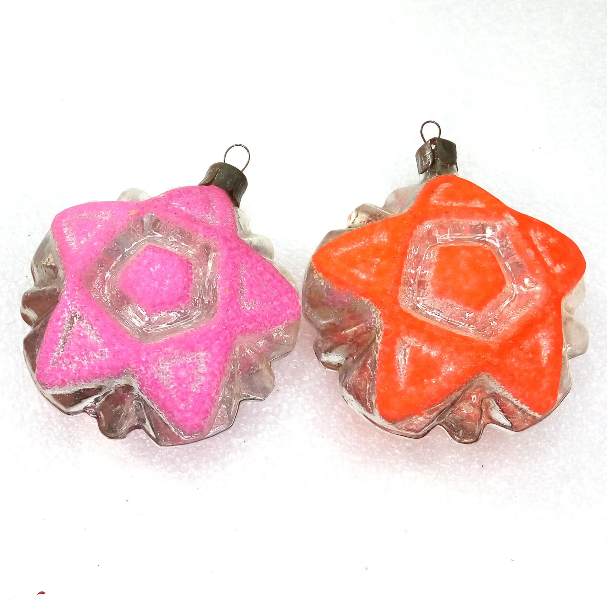 Set of 2 Vintage Glass USSR Christmas Ornaments Stars