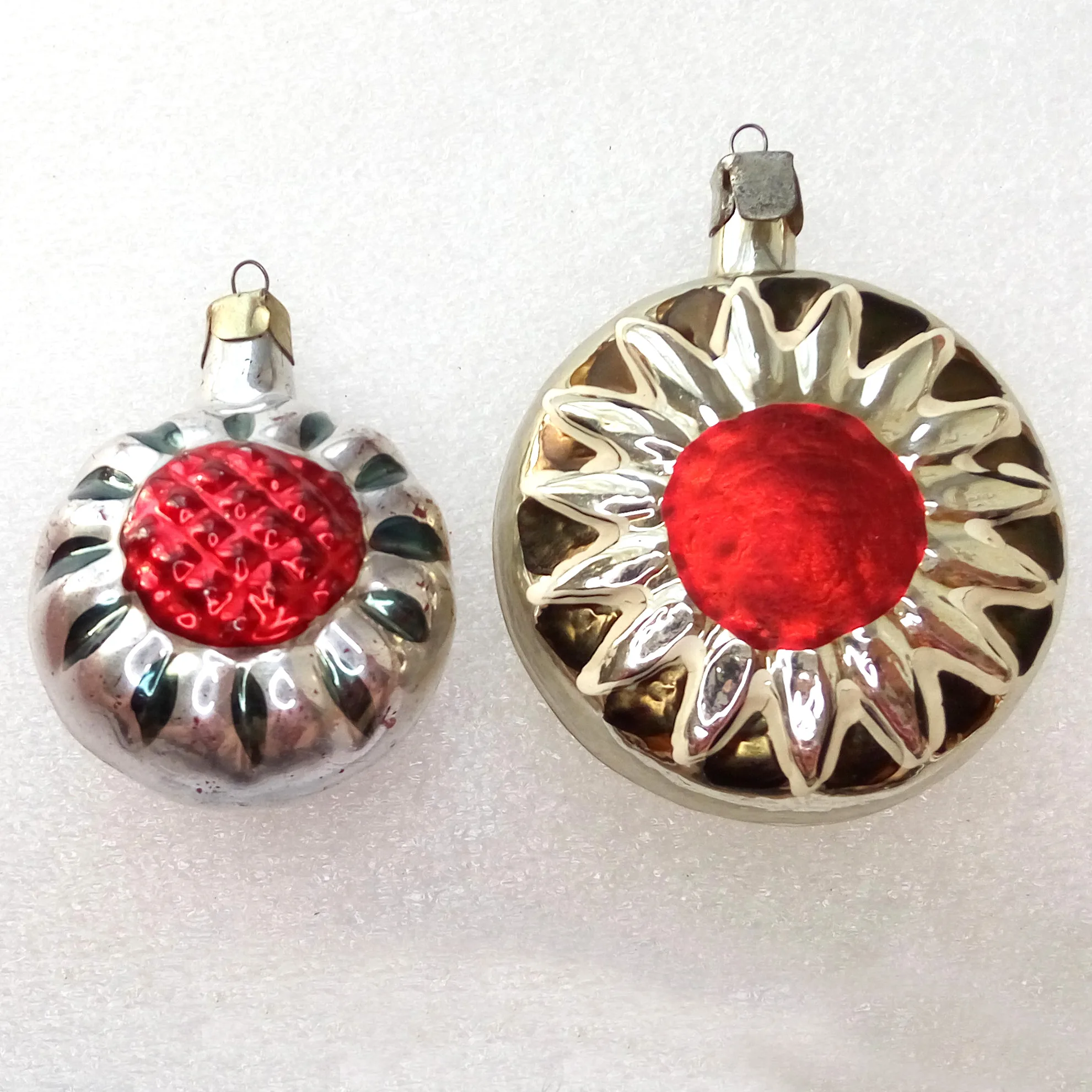 Set of 2 Vintage Ukrainian Glass Christmas Ornaments Sun