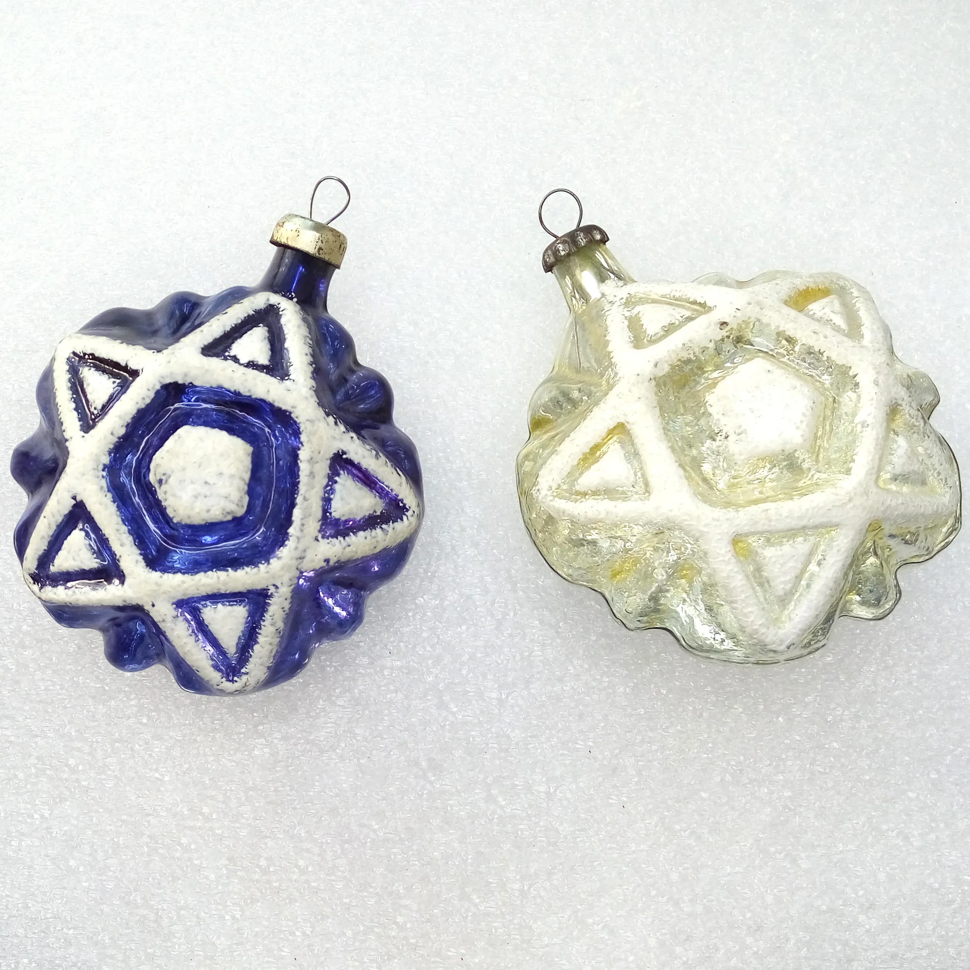 Set of 2 Vintage Ukrainian Glass Christmas Ornaments Stars