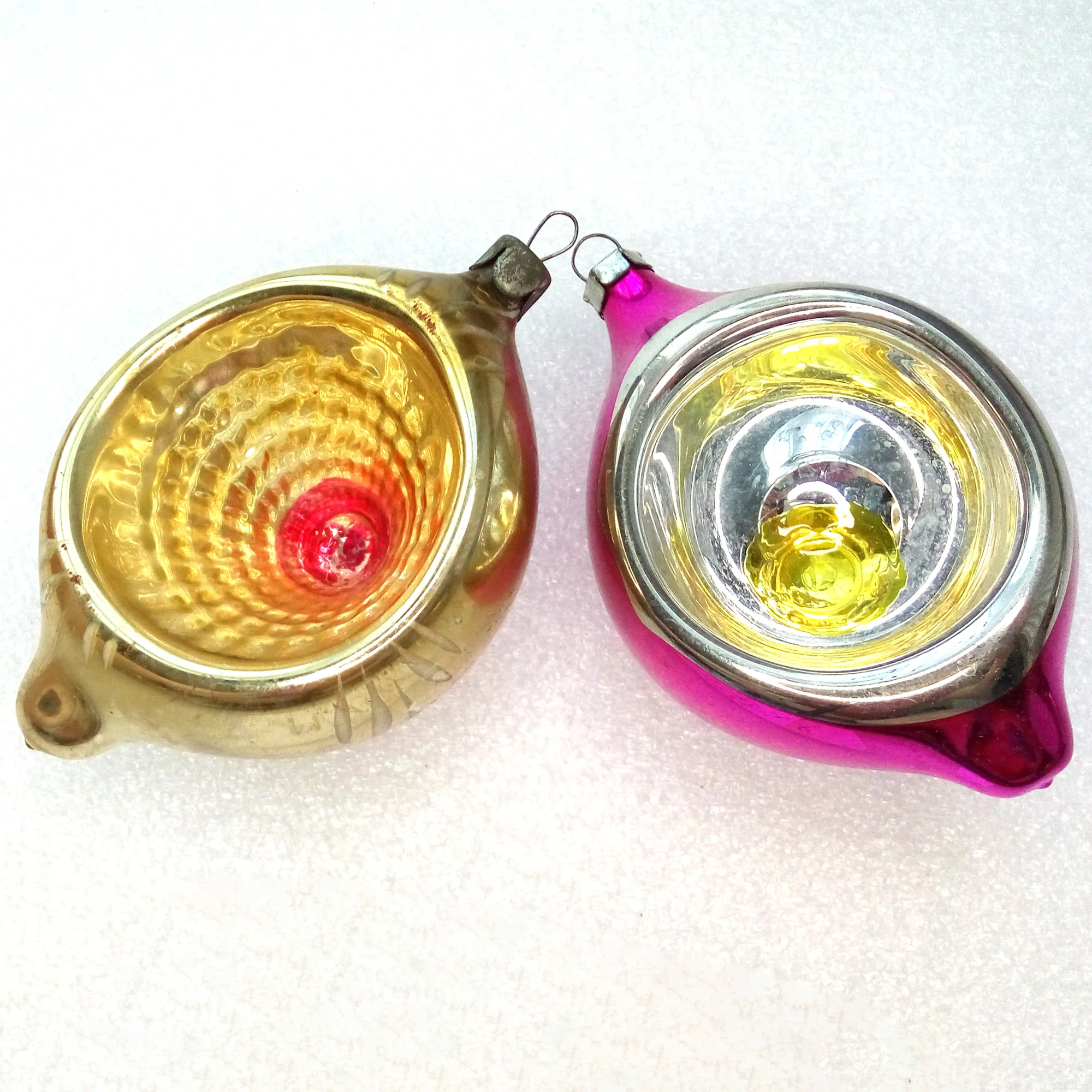 Set of 2 Vintage Ukrainian Glass Christmas Ornaments Tree Lanterns
