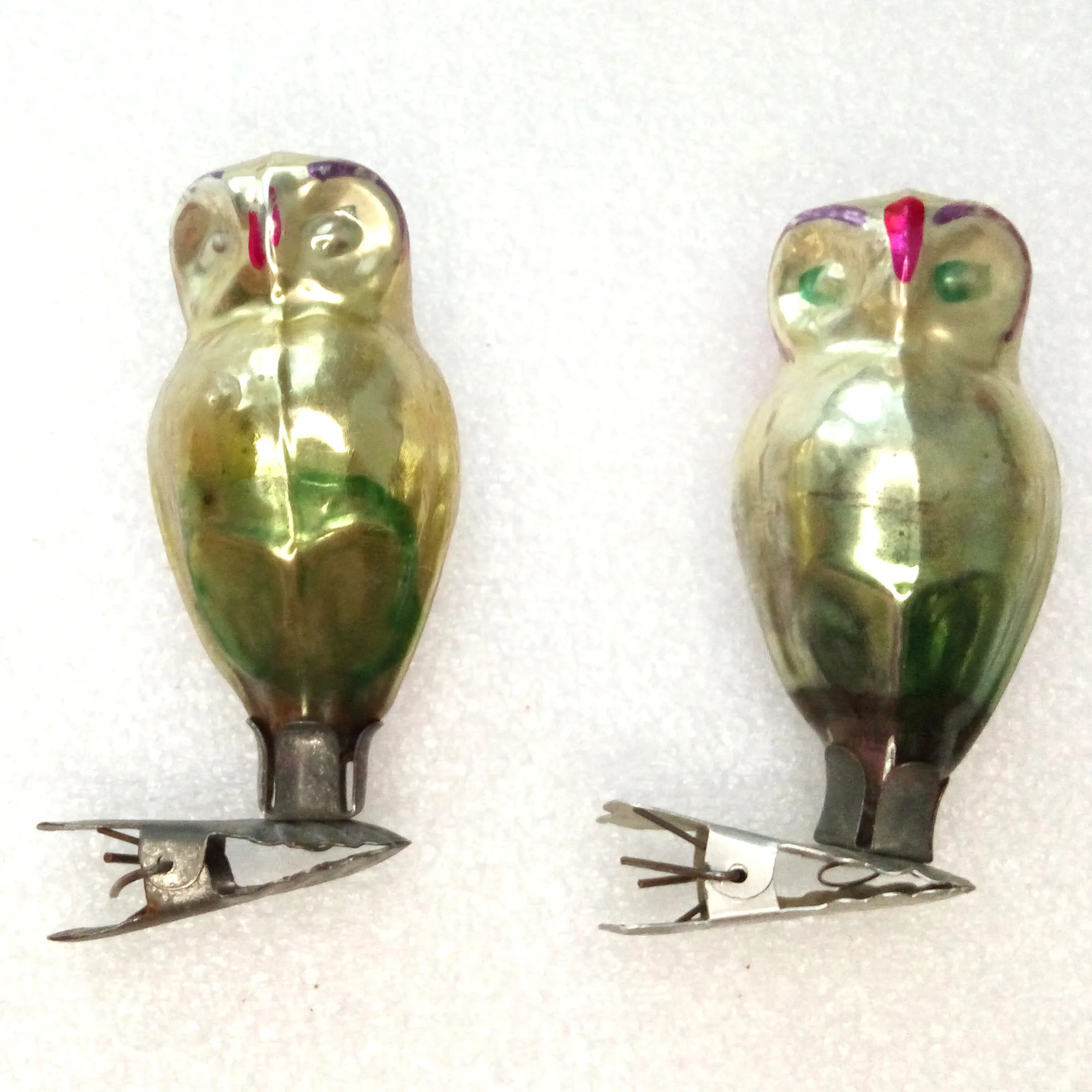Set of 2 Vintage Ukrainian Glass Christmas Ornaments Owls