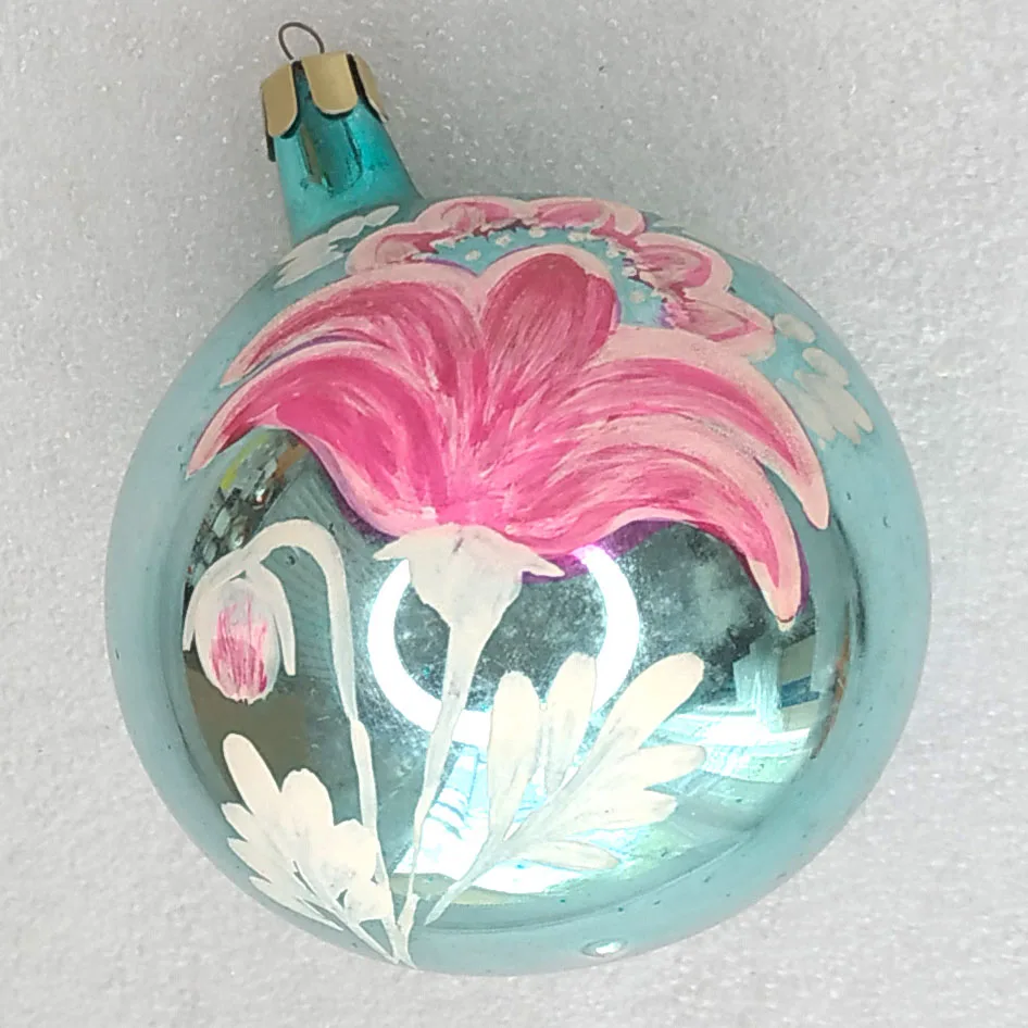 Vintage Glass Christmas Ornament Big Ball with Flowers