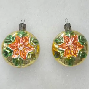 Set of 2 Antique Vintage Glass Christmas Ornament Old Flowers