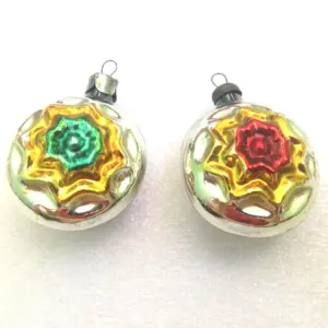 Set of 2 Vintage Christmas Glass USSR Ornaments Flower