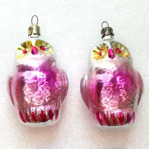 Set of 2 Vintage Glass USSR Christmas Ornaments Old Owl