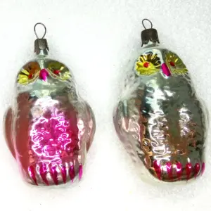 Set of 2 Antique Vintage Silver Glass Christmas Ornaments Old Owl