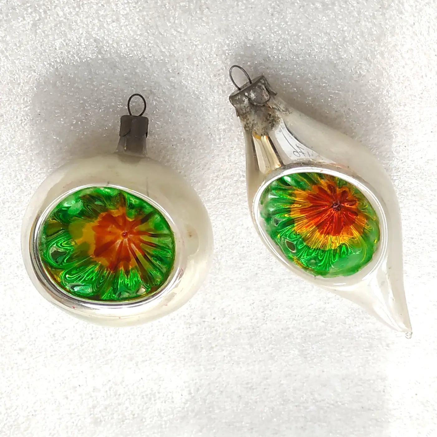 Set of 2 Vintage Soviet Silver Glass Christmas Tree Ornaments Lanterns