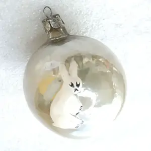 Vintage Soviet Glass Christmas Ornament Indented Ball with Rabbit and Tree