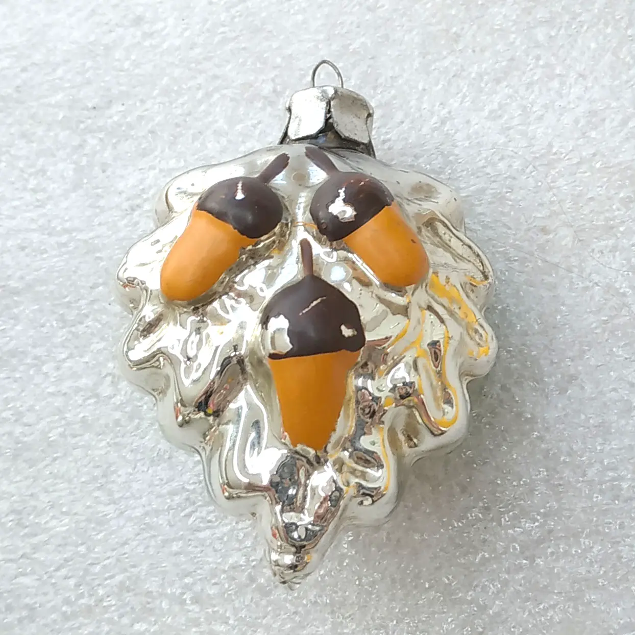 Vintage Mercury Glass Christmas Ornament Oak Leaf with Acorns Hand Painted