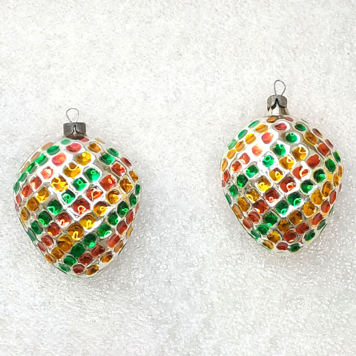 Set of 2 Vintage Mercury Glass Christmas Ornaments Hearts Shape Hand Painted Restored