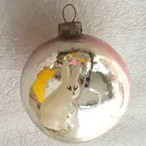 Vintage Soviet Glass Christmas Ornament Indented Ball with Rabbit and Tree