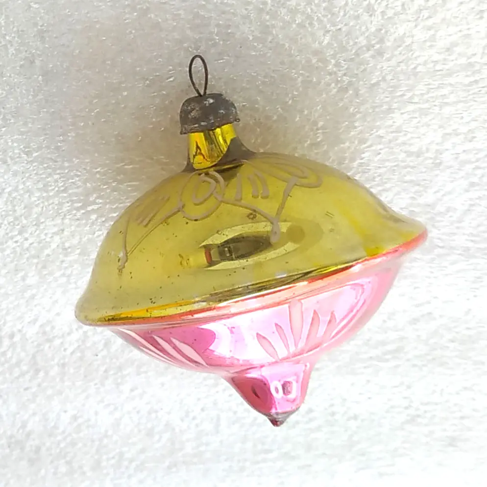 Vintage Soviet Glass Christmas Ornament - Faceted Top Toy / Spinning Top Spun