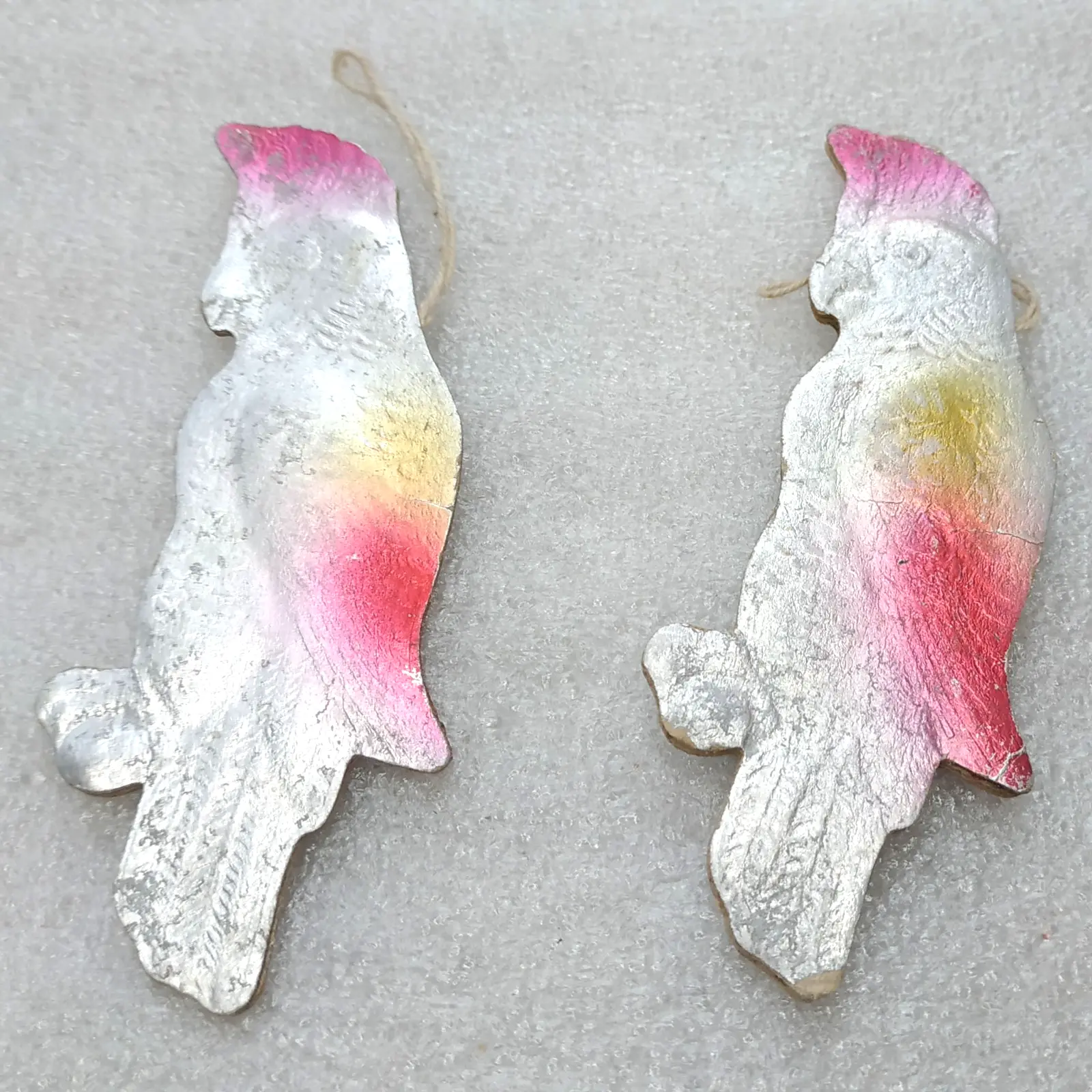 Set of 2 Vintage Soviet Pressed Cardboard Christmas Ornaments Parrots Birds Decor