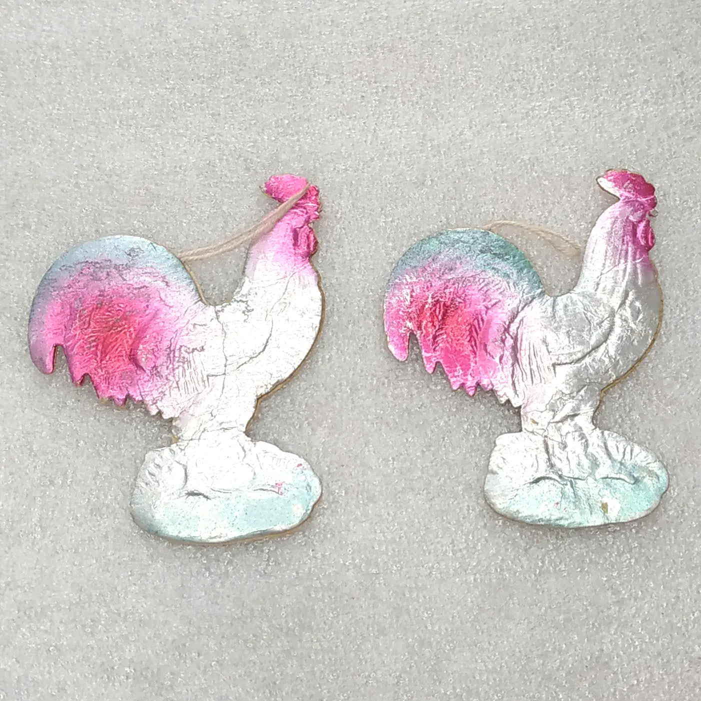 Set of 2 Vintage Soviet Pressed Cardboard Christmas Ornaments Roosters Birds Decor