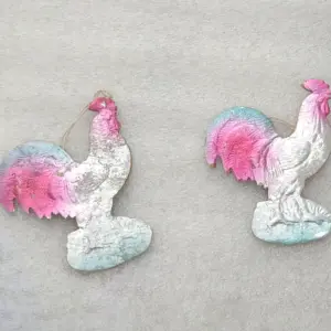 Set of 2 Vintage Soviet Pressed Cardboard Christmas Ornaments Roosters Birds Decor
