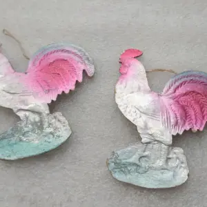 Set of 2 Vintage Soviet Pressed Cardboard Christmas Ornaments Roosters Birds Decor
