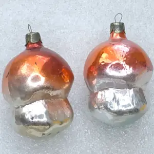 Set of 2 Vintage Soviet Silver Glass Christmas Ornament Mushrooms Retro Decor