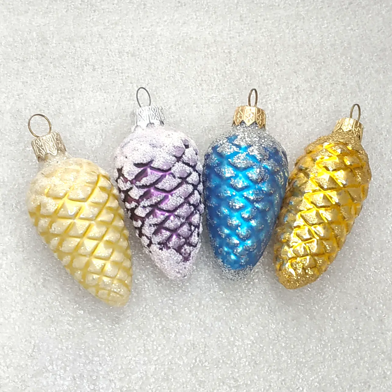 Set of 4 Vintage Ukrainian Glass Christmas Ornaments Pine Cones Glitter Baubles