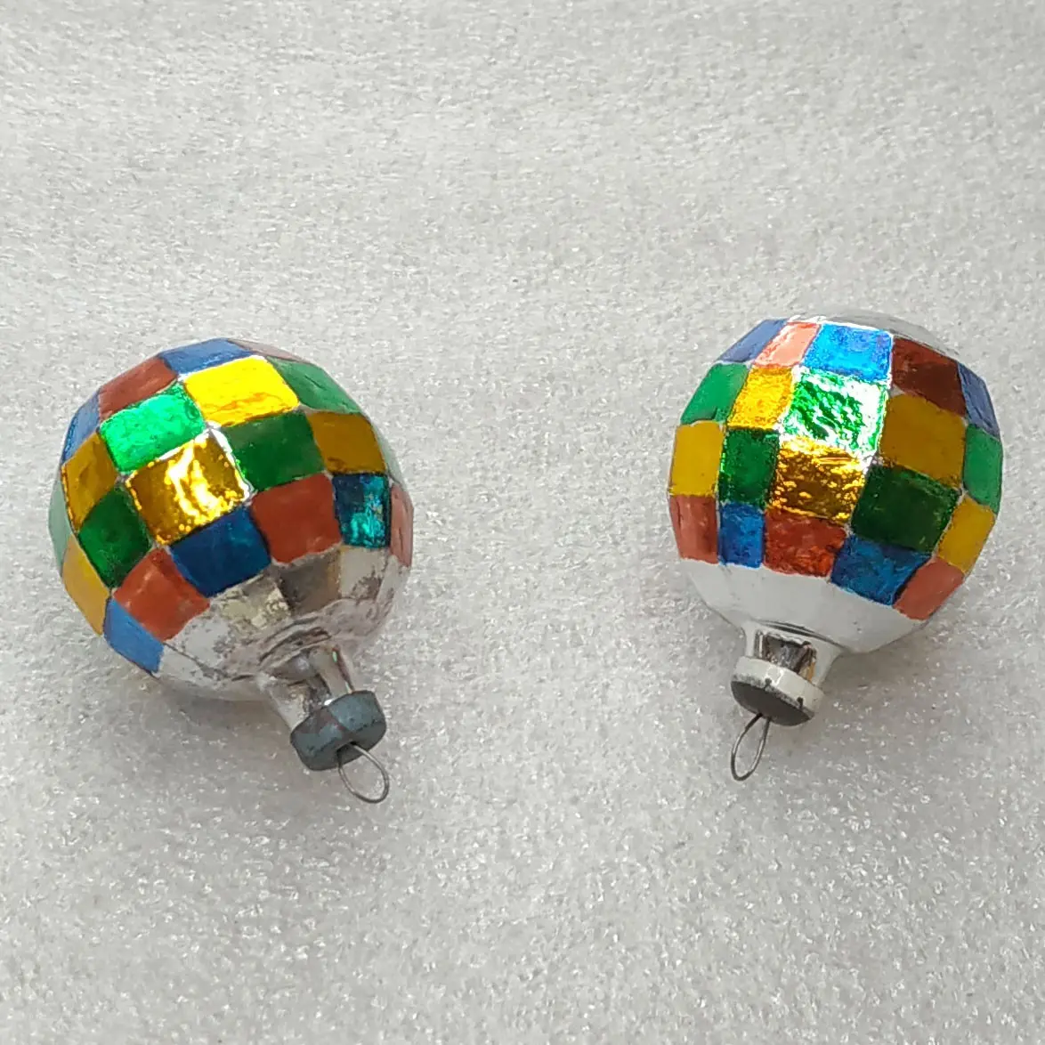 Set of 2 Vintage Glass Christmas Ornaments Silver Balls with Multi-Color Patches Retro