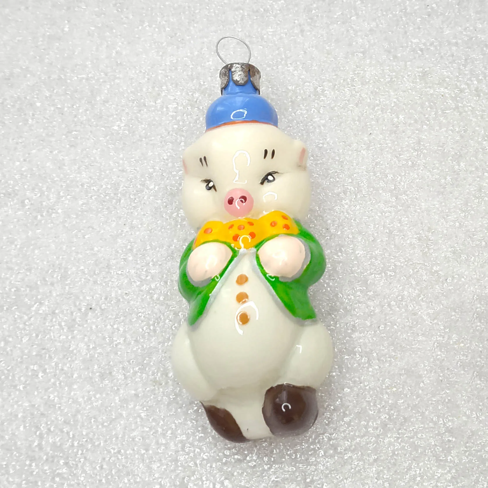 OOAK Custom Painted Glass Ornament Pig in Jacket USSR Vintage Restored