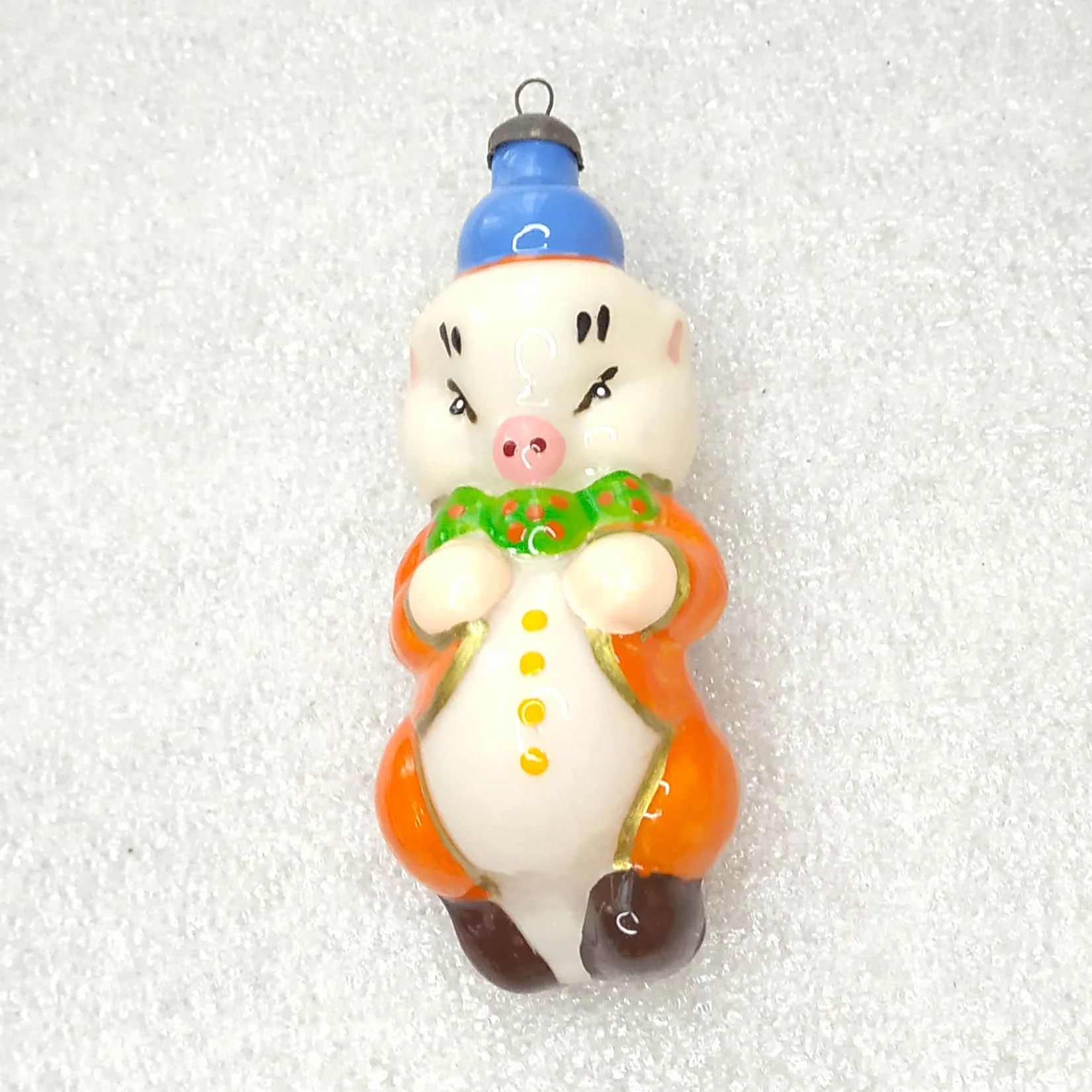 OOAK Custom Painted Glass Ornament Pig in Jacket USSR Vintage Restored