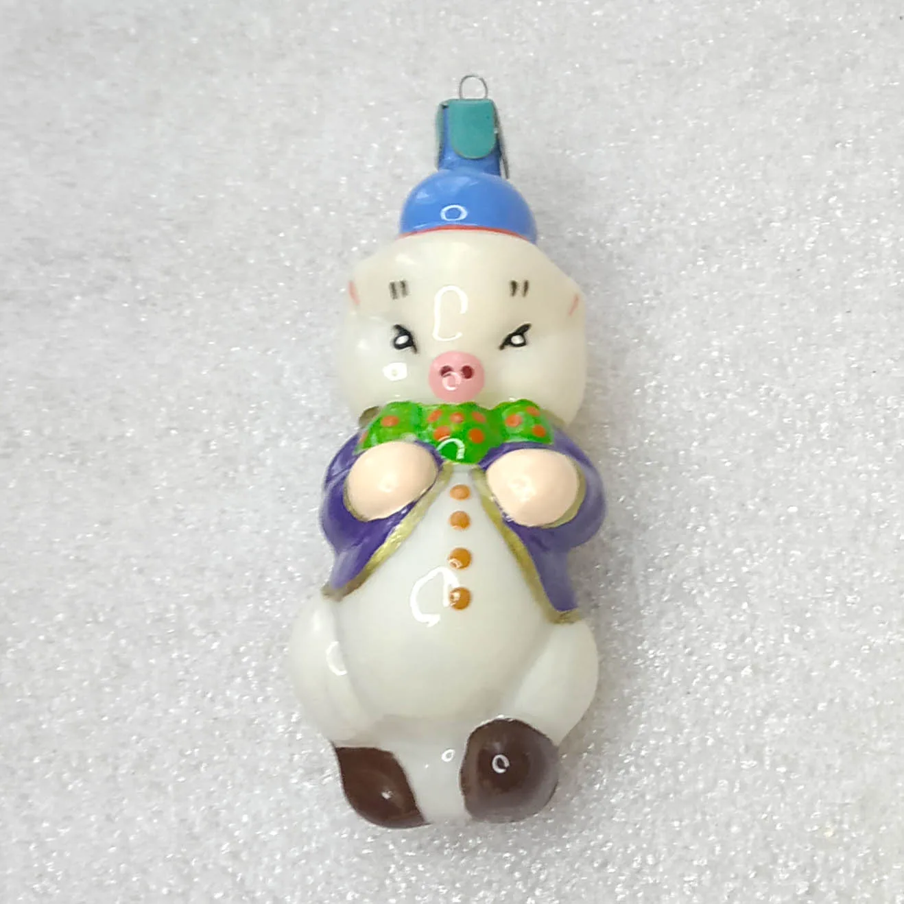 OOAK Custom Painted Glass Ornament Pig in Jacket USSR Vintage Restored