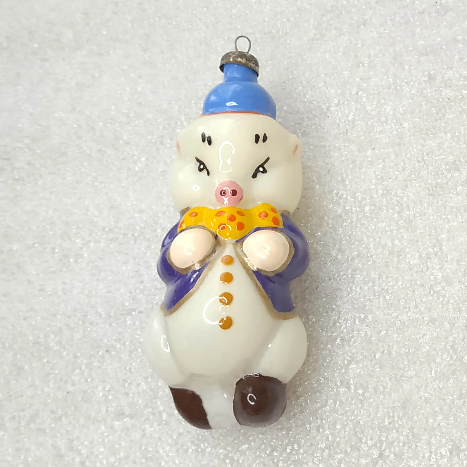 OOAK Custom Painted Glass Ornament Pig in Jacket USSR Vintage Restored