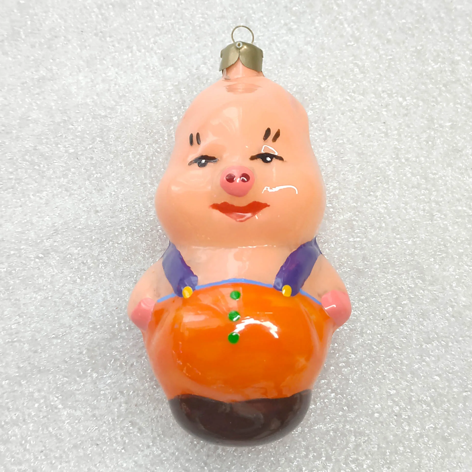 OOAK Originally Restored Pig in Suspenders Glass Ornament Unique Custom Art USSR