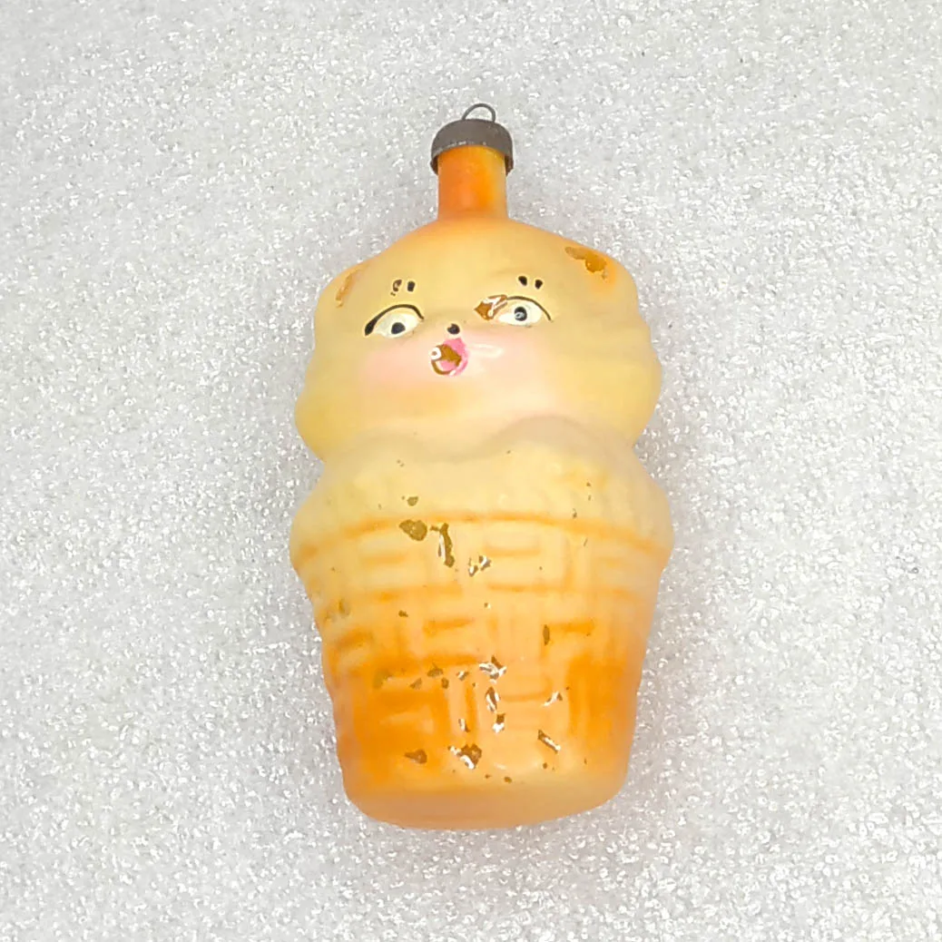 Vintage Glass Christmas Ornament USSR Kitten 1970s