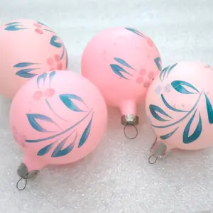 Vintage Soviet Glass Christmas Ornaments Pink Balls Set of 4 Hand Painted
