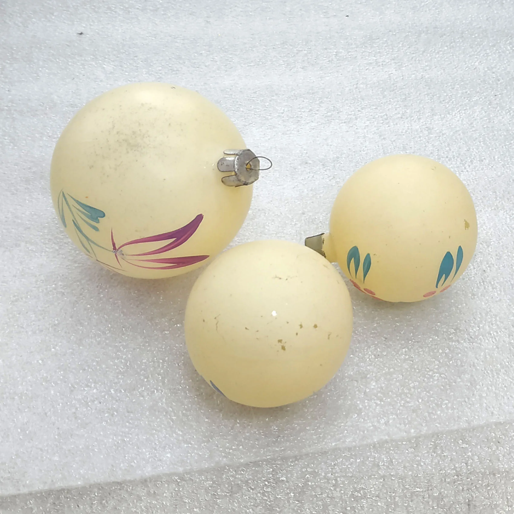 Vintage Soviet Glass Christmas Ornaments Cream Balls Set of 3 Hand Painted