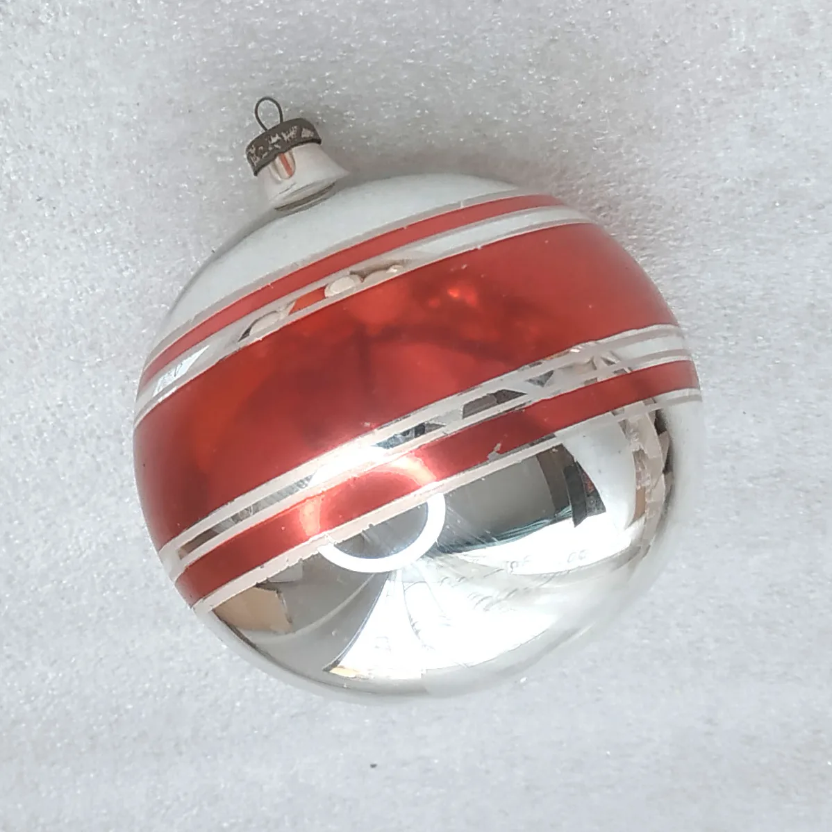 Vintage Soviet Silver Glass Christmas Tree Ball Ornament Red Striped Reflector