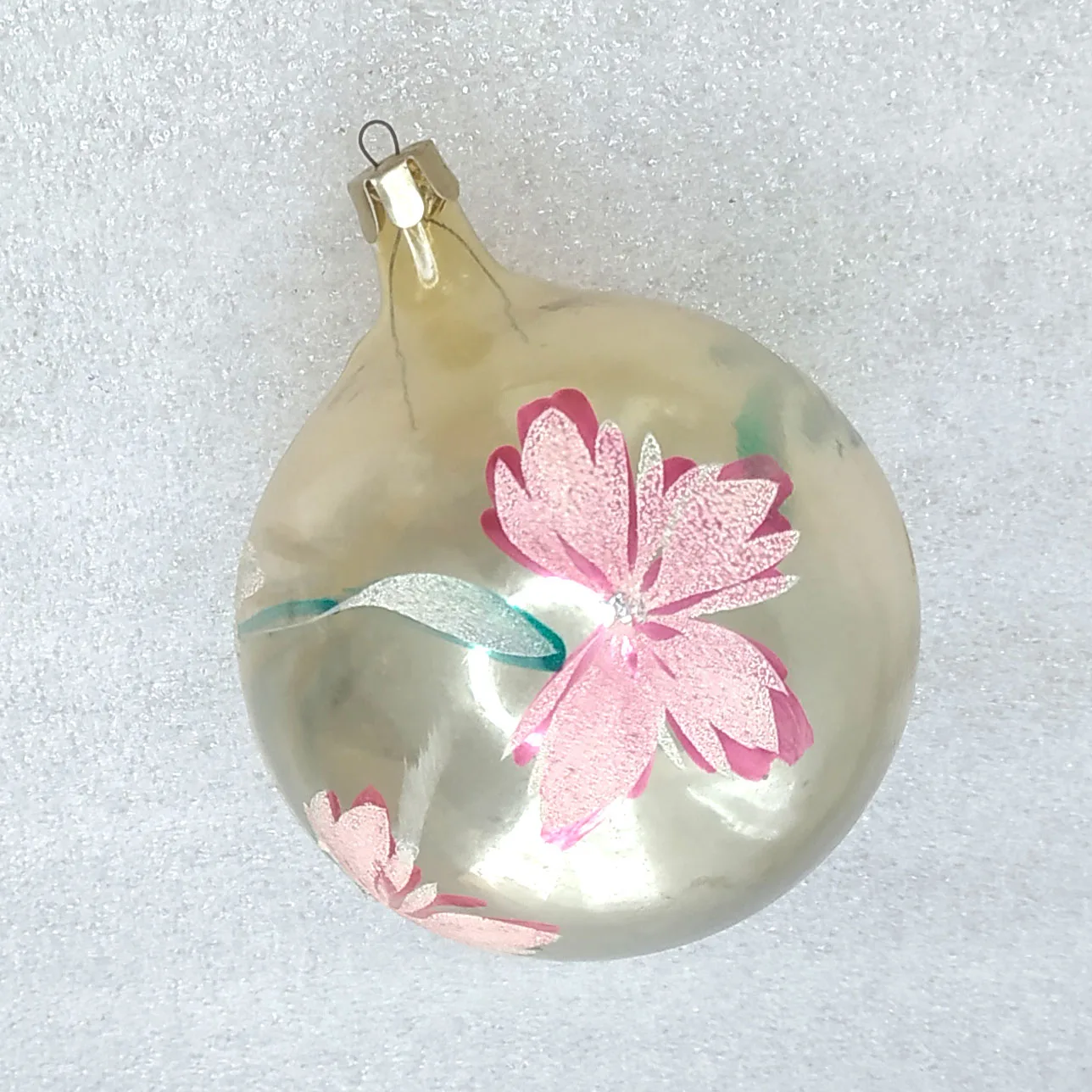 Vintage Soviet Glass Christmas Tree Ball Ornament Transparent Clear With Flower