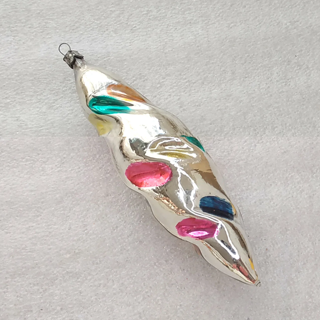 Vintage Soviet Glass Icicle Christmas Tree Ornament Silver Multicolor Spots