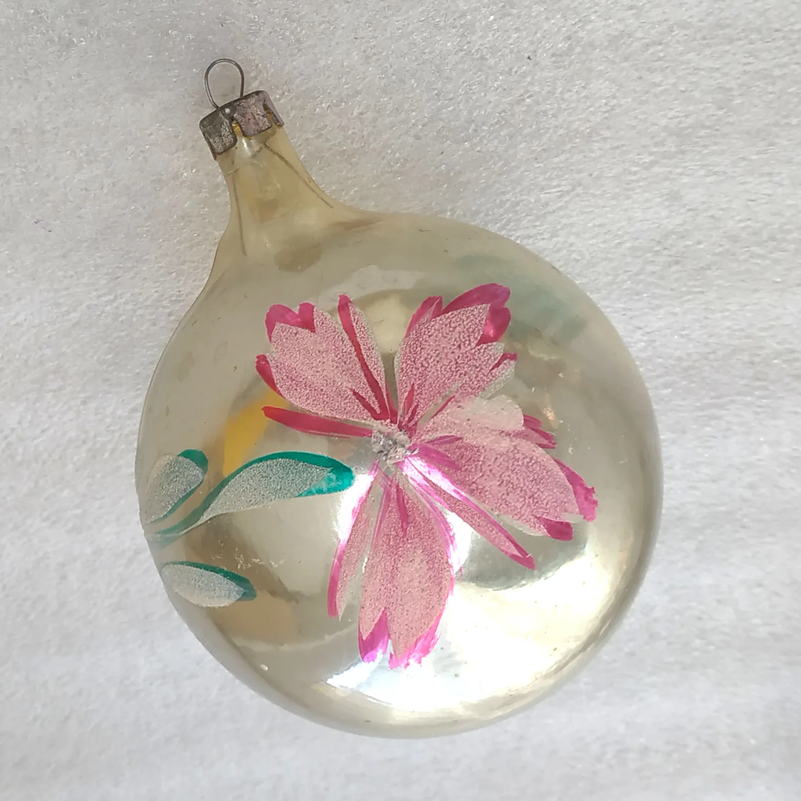 Vintage Soviet Glass Christmas Tree Ball Ornament Transparent Clear With Flower