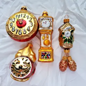 Set of 4 Ukrainian Glass Christmas Ornaments Tree Sea Clocks