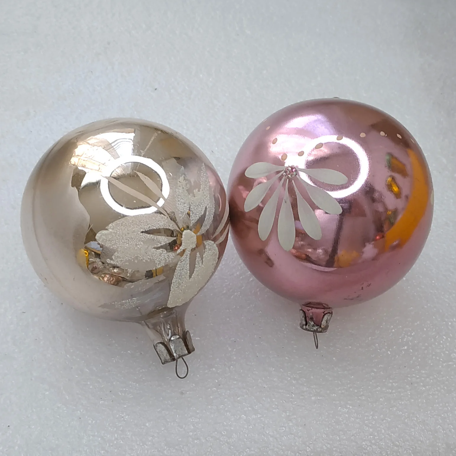 Set of 2 Antique Vintage Silver Glass Christmas Ornament USSR Ball