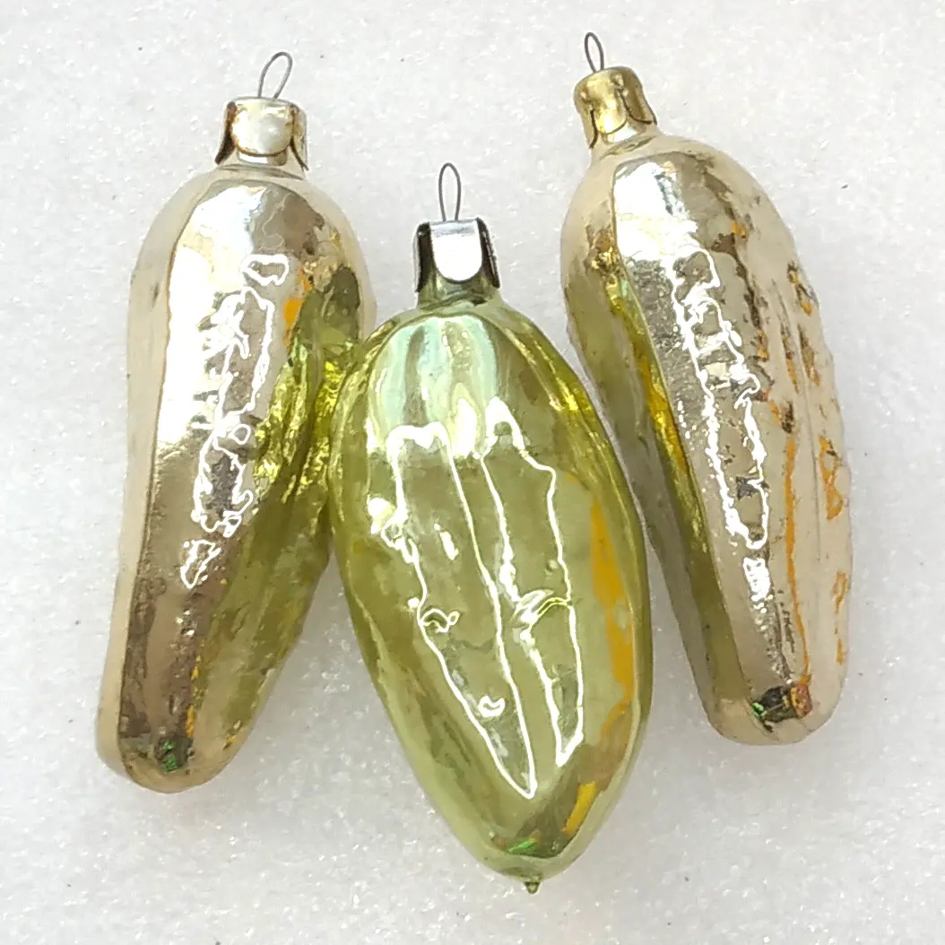 Set of 3 Vintage Christmas Silver Glass Ornaments Tree USSR Antique Decor Pickles