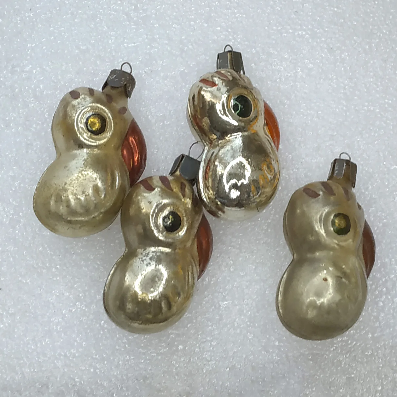 Set of 4 Antique Vintage Silver Glass Christmas Ornaments USSR Parrots