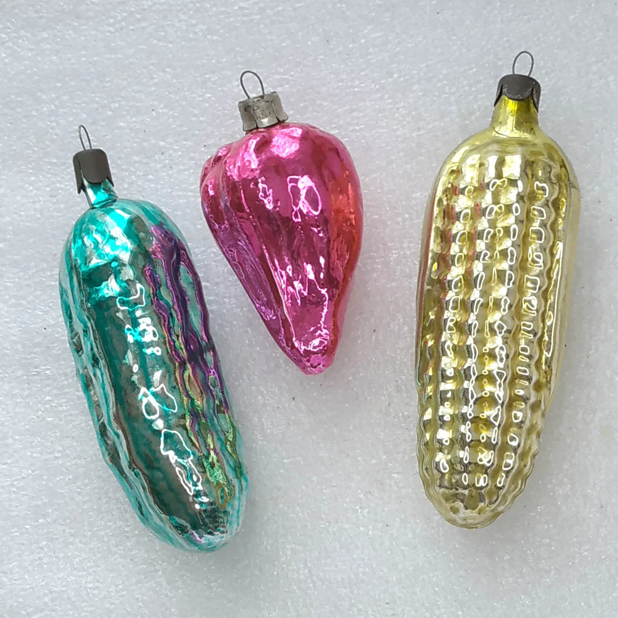 Set of 3 Vintage Silver Glass Christmas Ornaments USSR Toy Vegetables