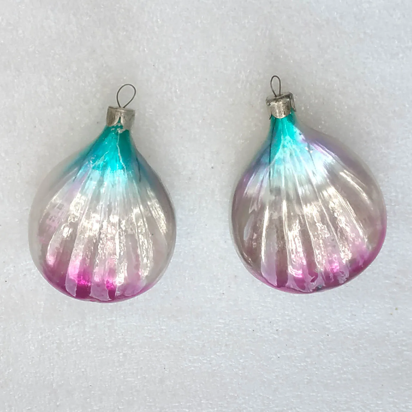 Set of 2 Vintage Silver Glass Christmas Ornaments USSR Shells