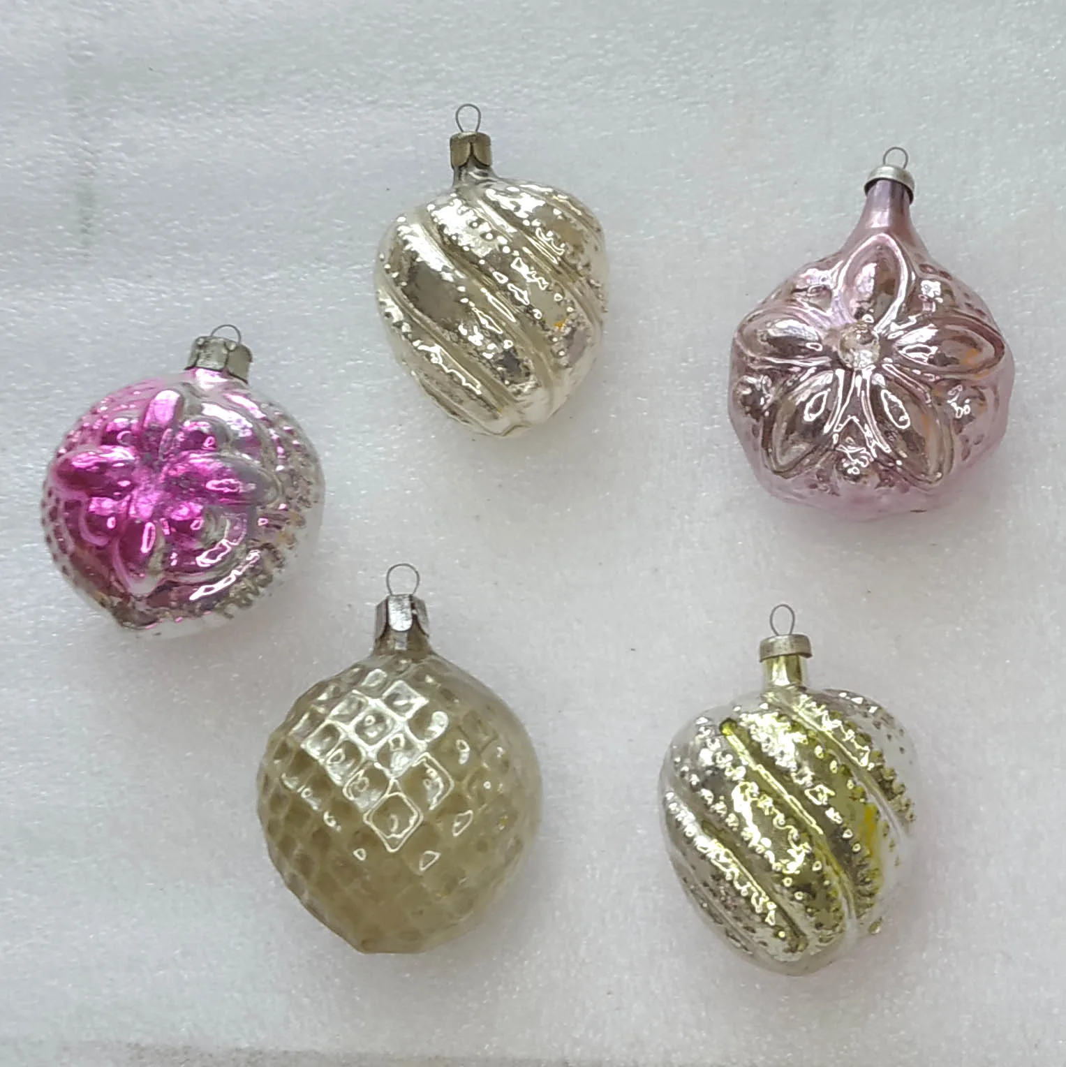 Set of 5 Vintage Silver Glass Christmas Ornaments USSR Tree Antique