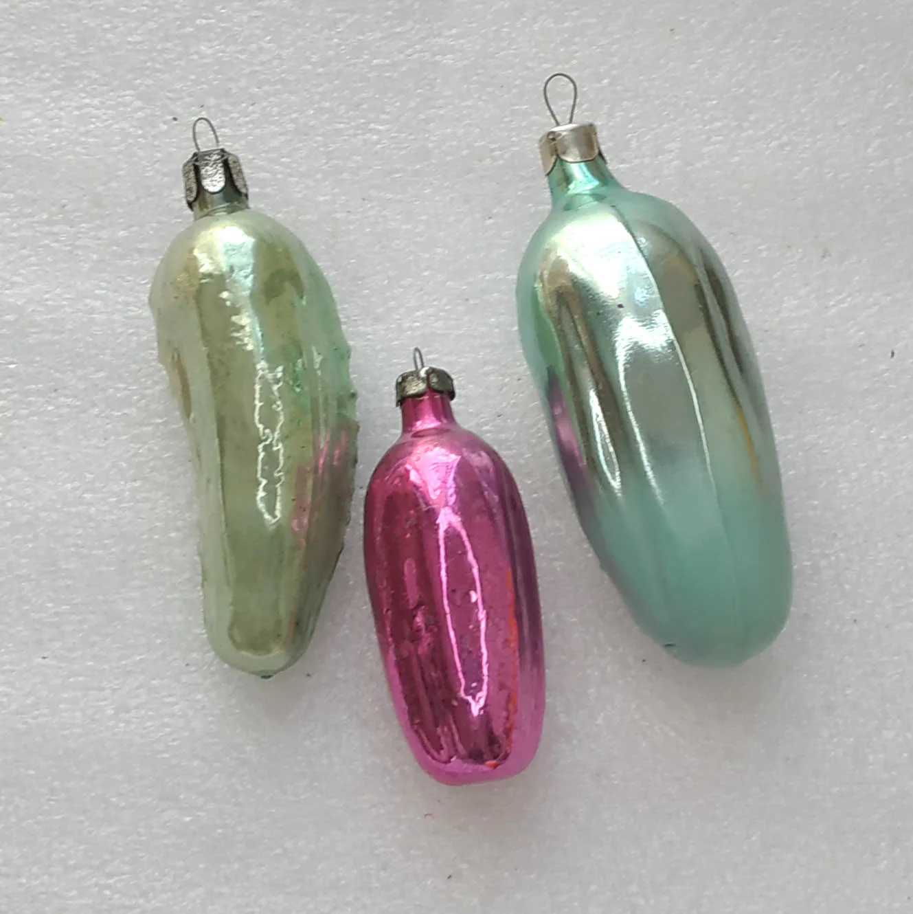 Set of 3 Vintage Silver Glass Christmas USSR Ornaments Antique Pickles