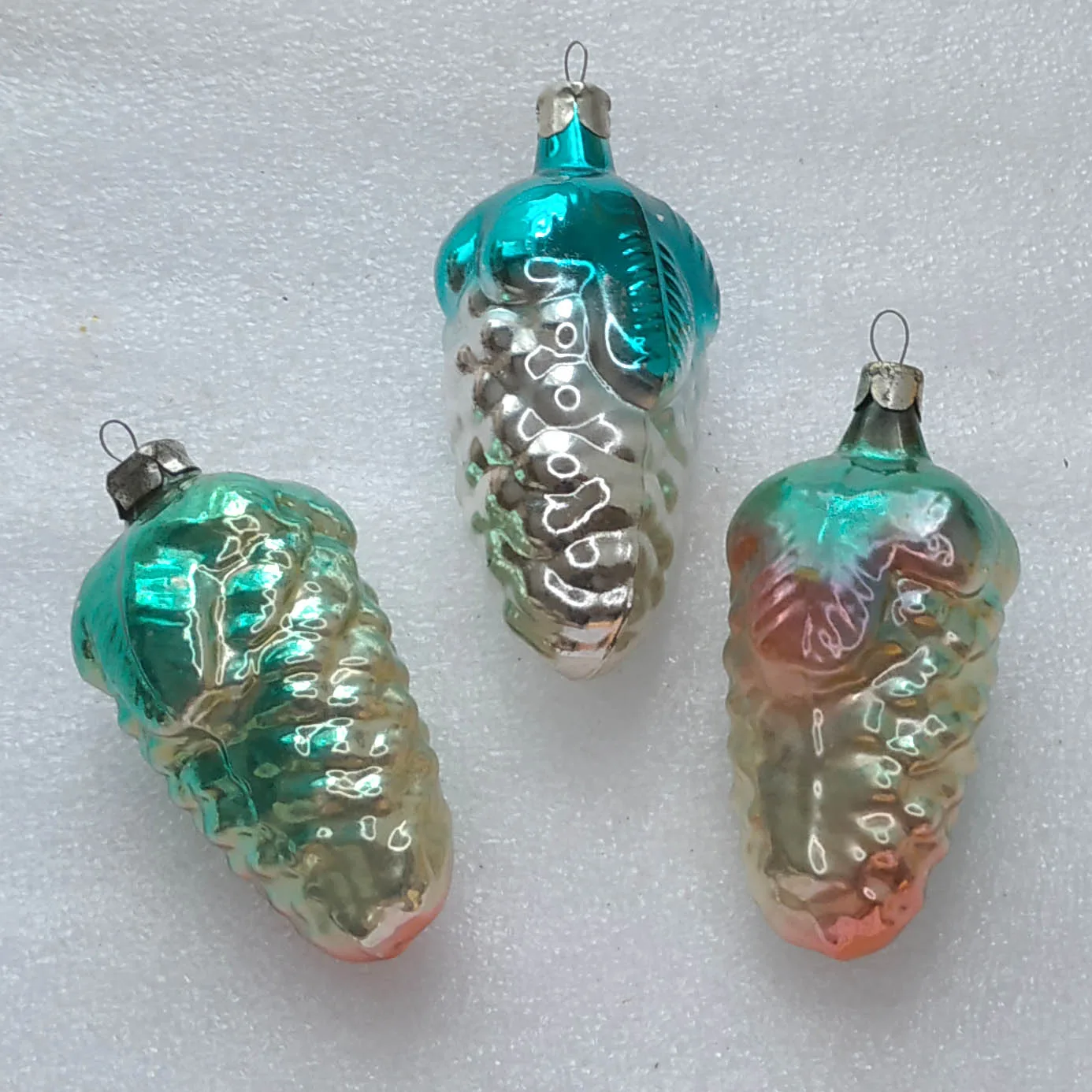 Set of 3 Vintage Silver Glass Christmas USSR Ornaments Antique Pinecone