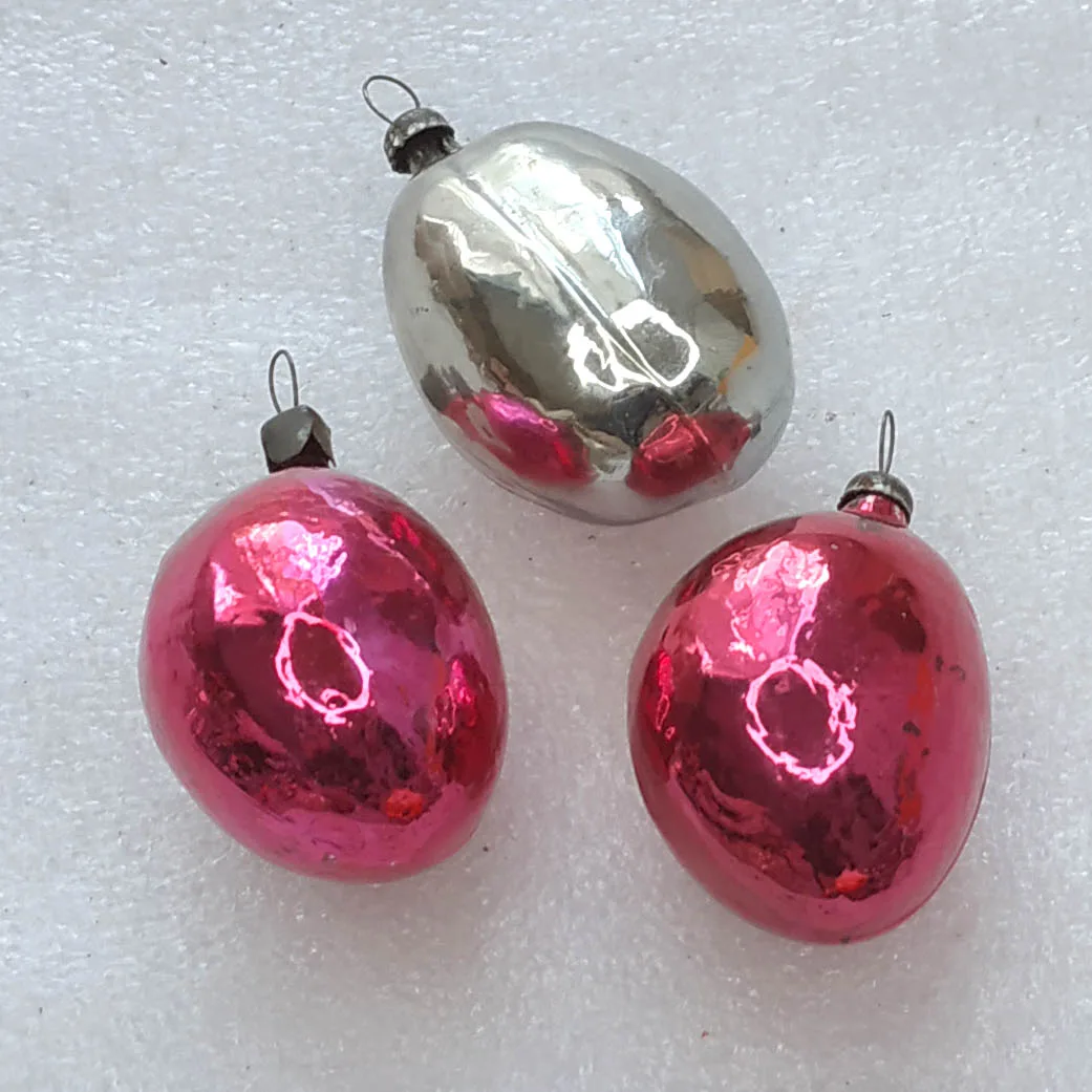 Set of 3 Vintage Silver Glass Christmas USSR Ornaments Antique Plums