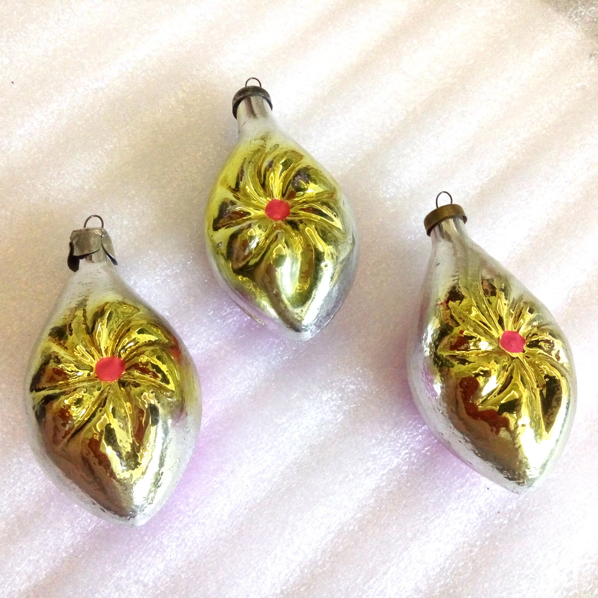 Set of 3 Vintage USSR Glass Christmas Ornaments Flowers