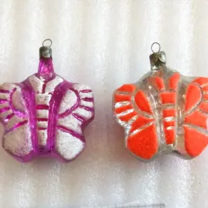 Set of 2 Antique Vintage USSR Glass Christmas Ornaments Butterflies