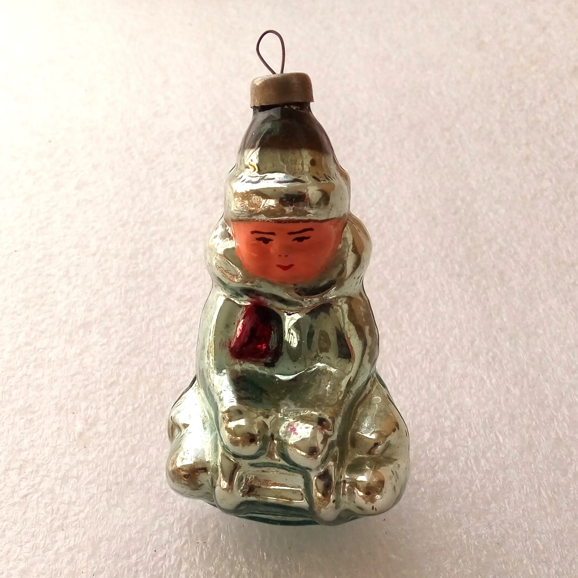 Antique Vintage Glass USSR Christmas Ornament Kid on Sled