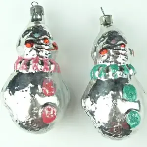 Set of 2 Vintage USSR Silver Glass Christmas Ornaments Snowmen